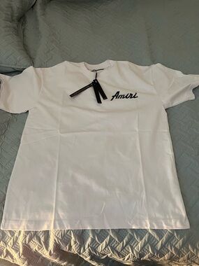 AMIRI White Short Sleeve Logo Tee with Black Script